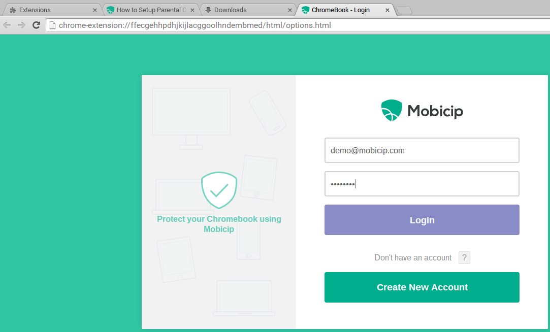 Screenshot of Mobicip Chrome login screen